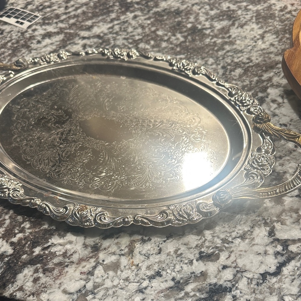 Ornate Silver Oval Serving Tray